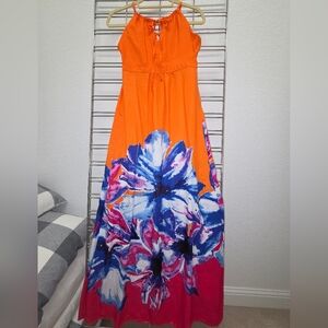 Bright Orange Floral Tie-Waist Maxi Dress